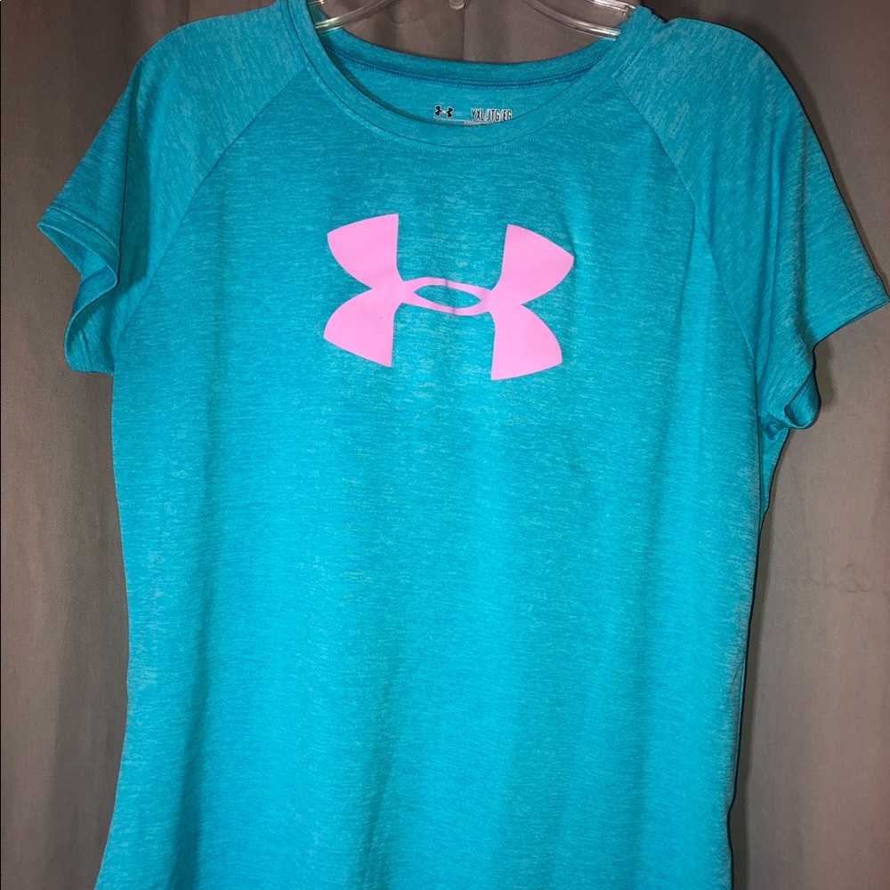 Teal and light purple dri fit under armour shirt